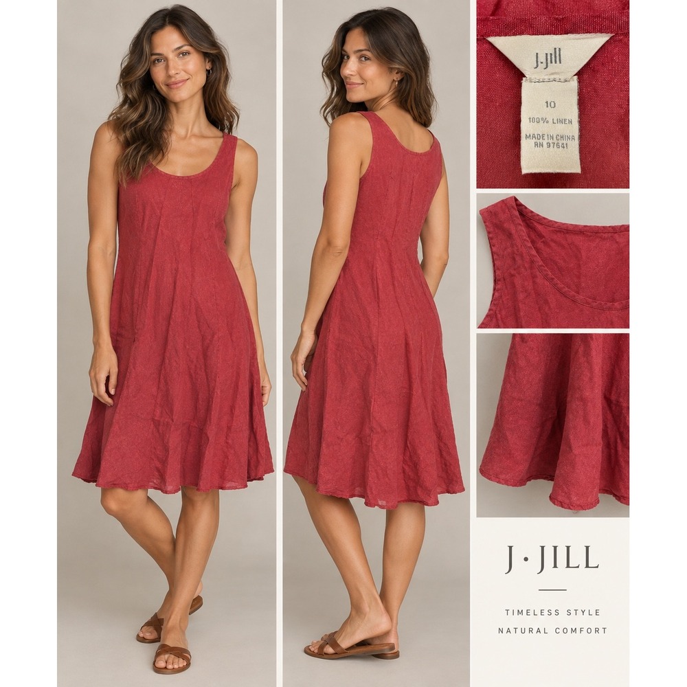 J. Jill Red 100% Linen Sleeveless Scoop Neck A-Line Midi Dress Womens Size 10